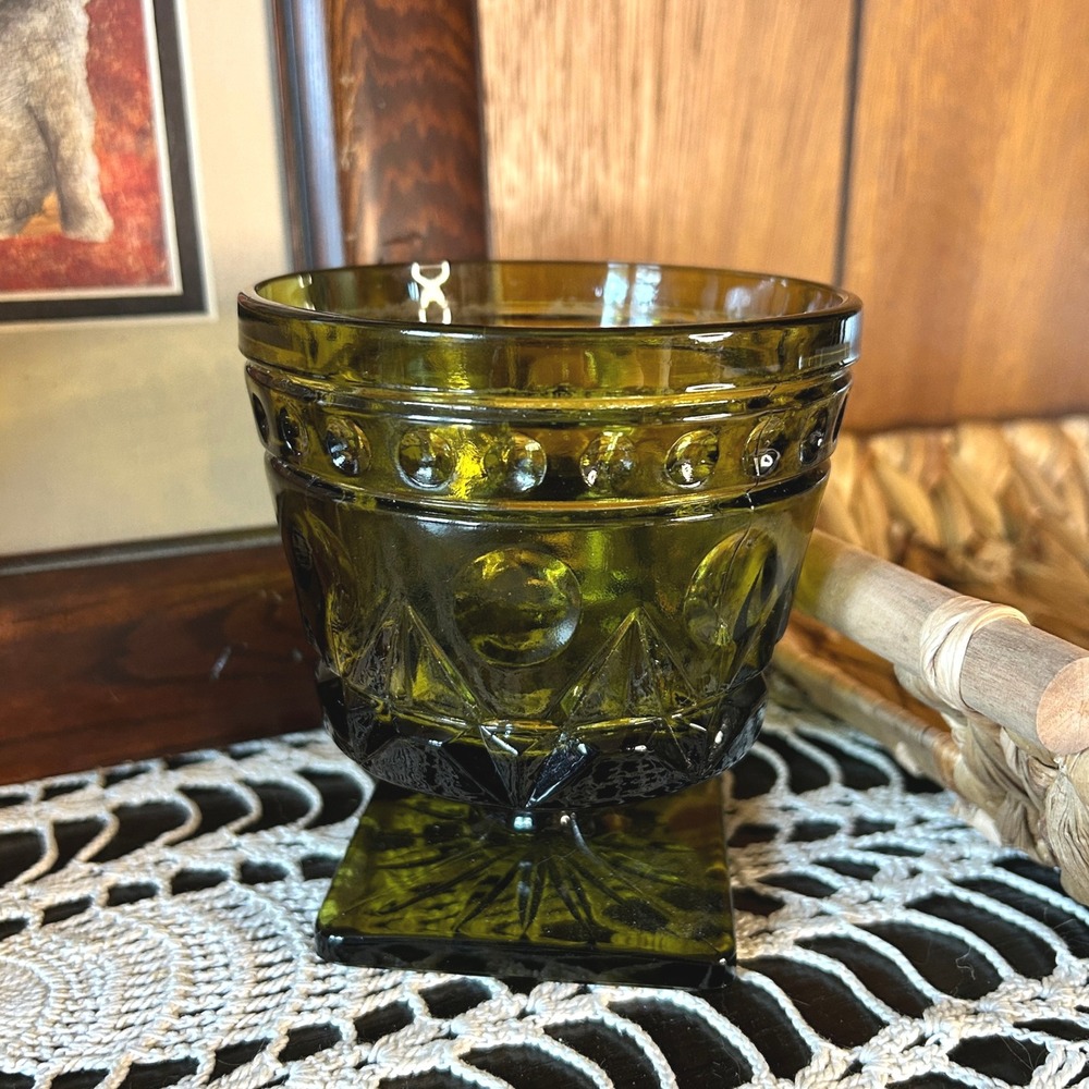 Vintage‎ Olive Green Indiana Glass Footed Vase Pedestal Flower Decor Display
